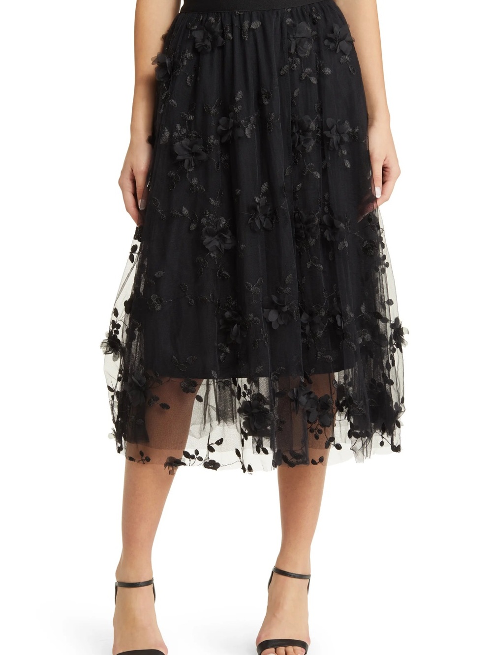 Black Floral Appliqué Maxi Tulle Skirt
